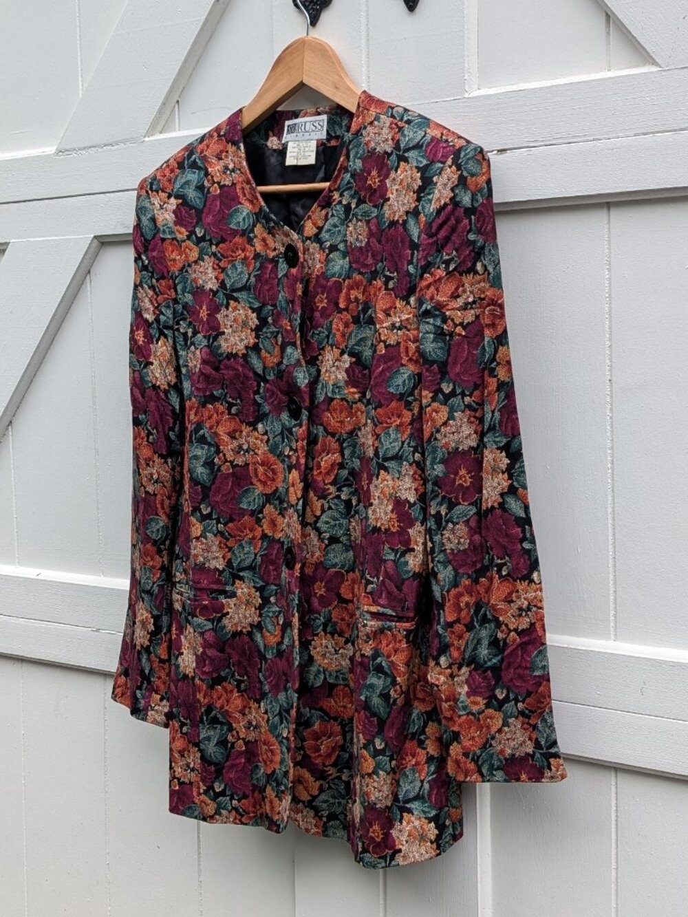 Vintage 90s Russ Classic Tapestry Floral Collarless Longline Blazer Jacket